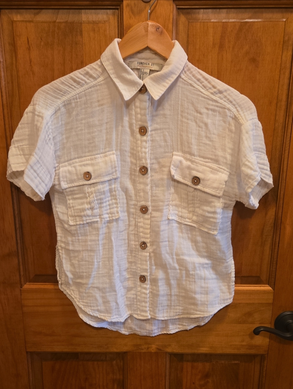 Forever 21 Teens Cream Short-Sleeve Gauze Button-Down Shirt